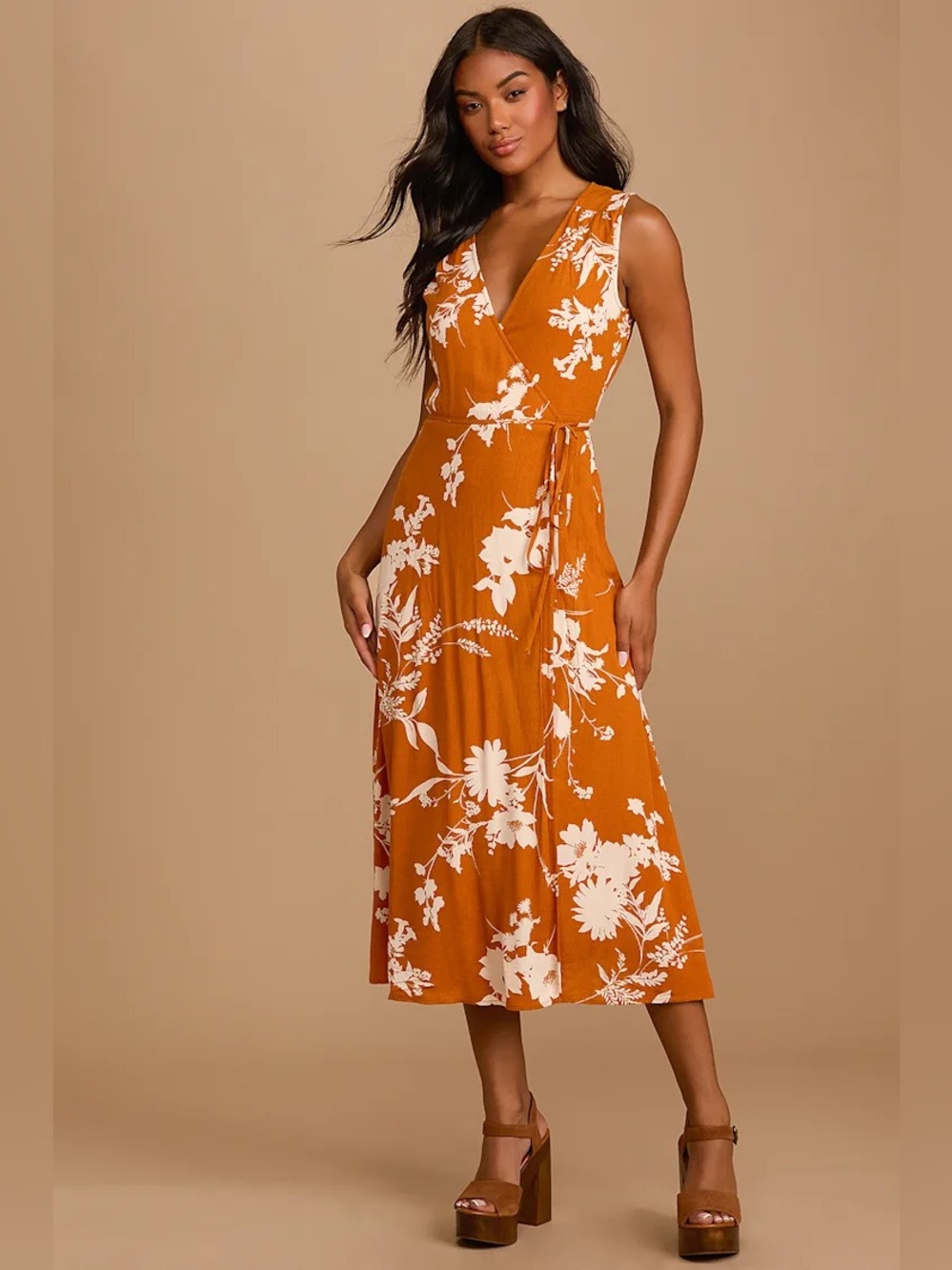 Lulus Best Day Yet Rust Orange Floral Print Midi Wrap Dress Size Medium
